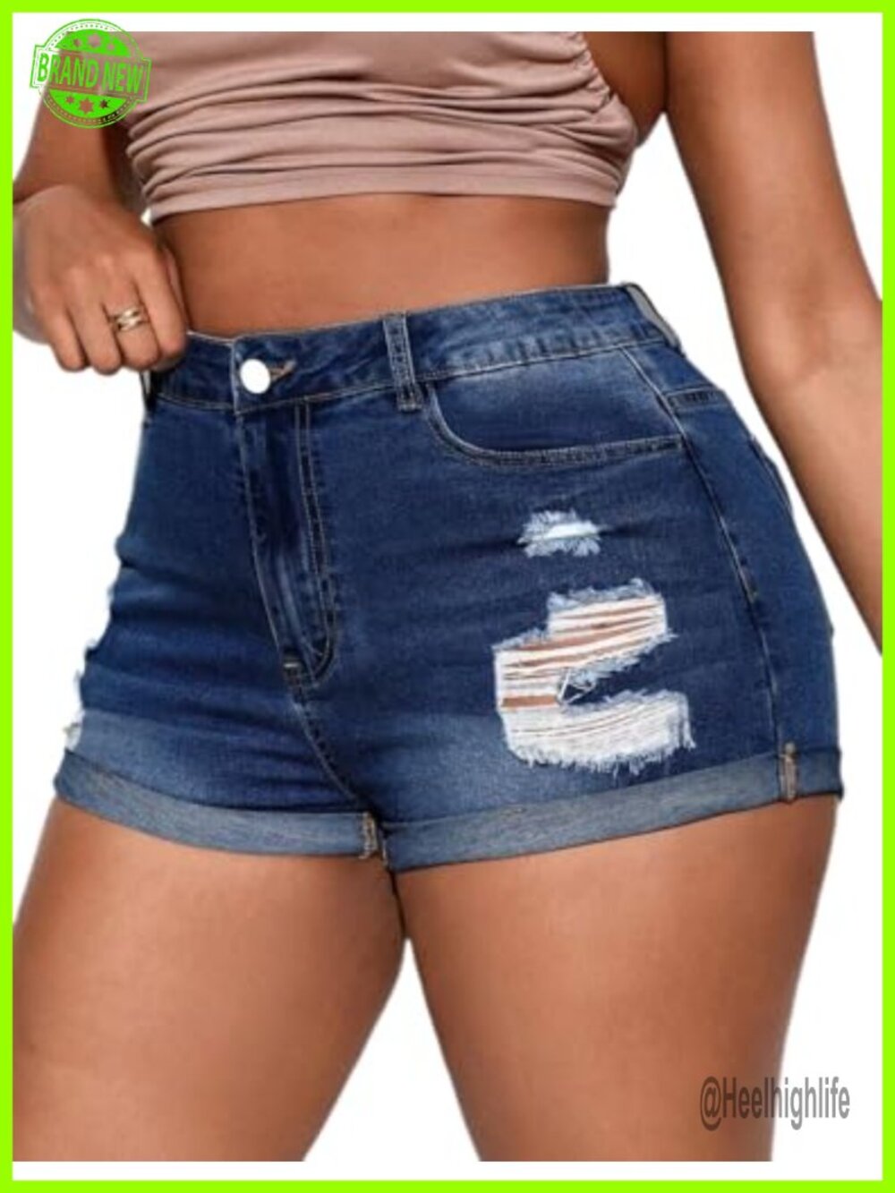 Plus Size High Waisted Stretchy Ripped Denim Cutoff Shorts Folded Hem